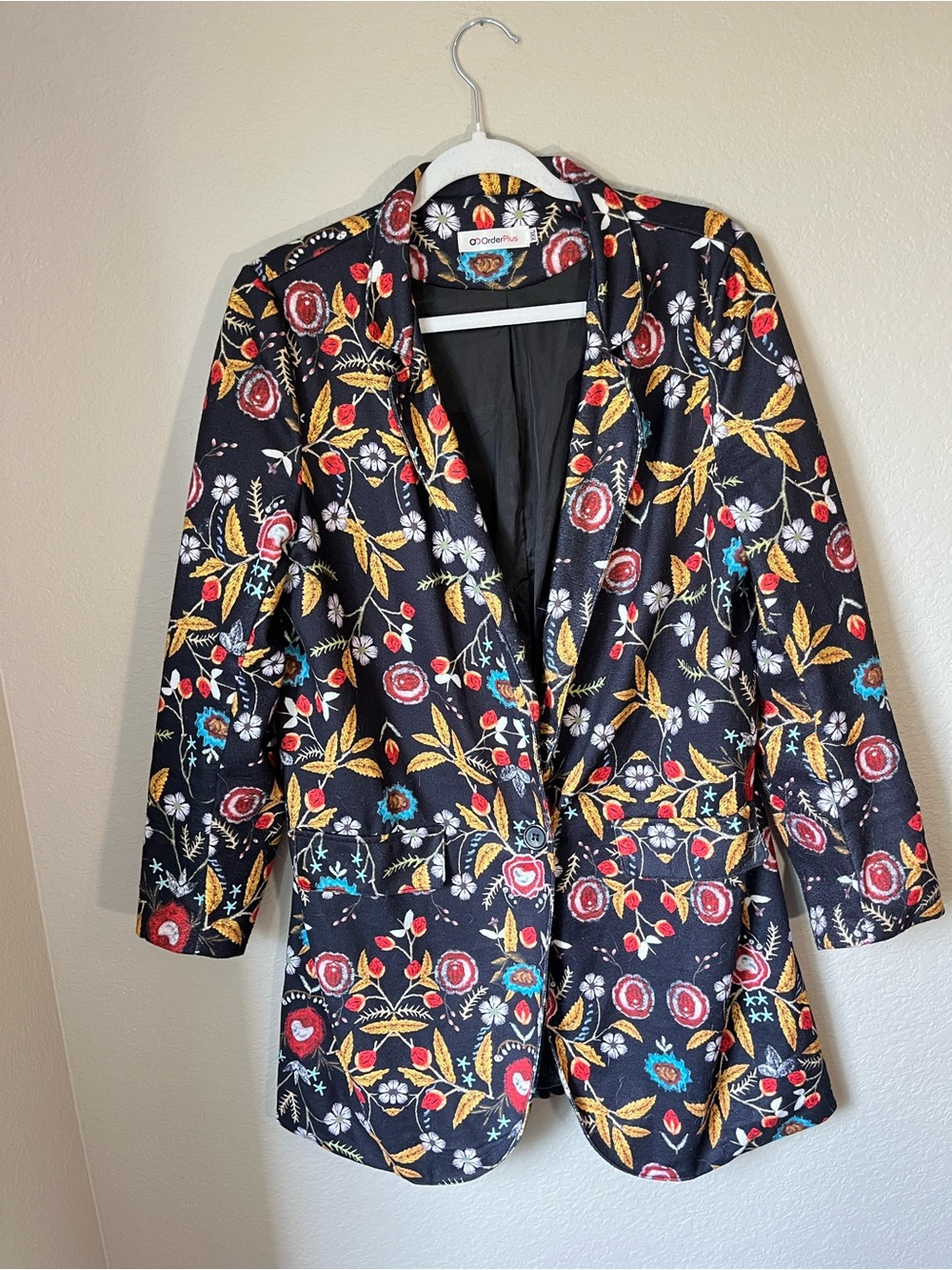 OrderPlus Floral Blazer Jacket Women's XXL Black Multicolor Single Button Career